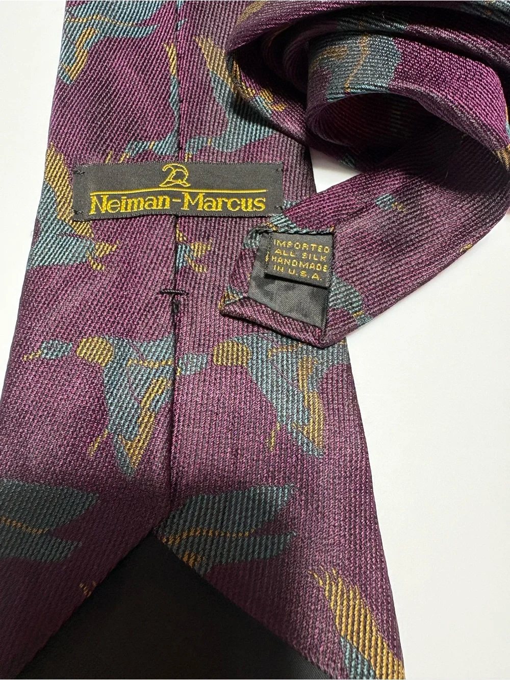 Vintage Neiman Marcus Plum Tie with Teal and Gold Duck Pattern